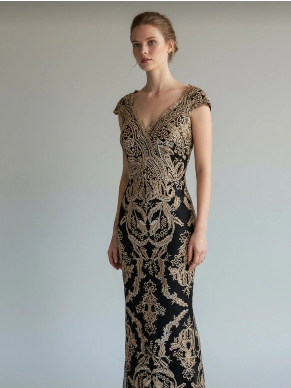 Elegant Black & Gold Embroidered V-Neck Evening Dress Off The Shoulder Suze Smal